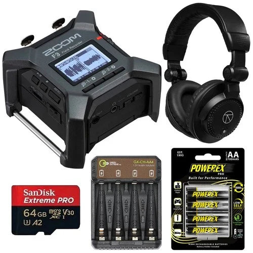 Zoom F3 2-Channel/2-Track Field Recorder, Bundle with 64GB Memory Card, TAPH100